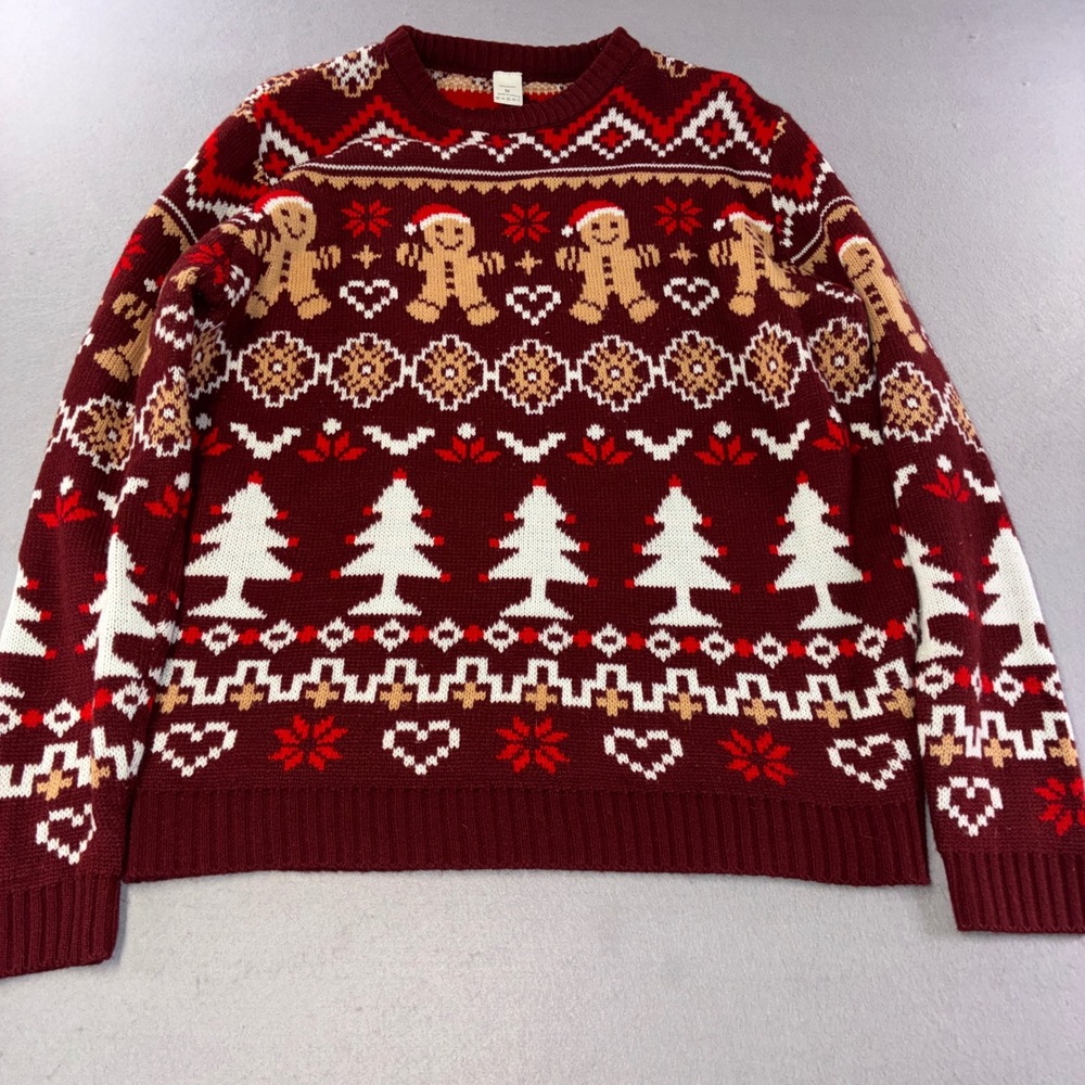 Holiday Sweater Women M Burgundy Gingerbread‎ Christmas Fair Isle Knit